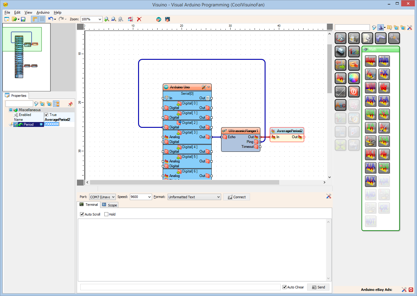 Step 7: In Visuino Add the Components to Read the Ultrasonic Ranger