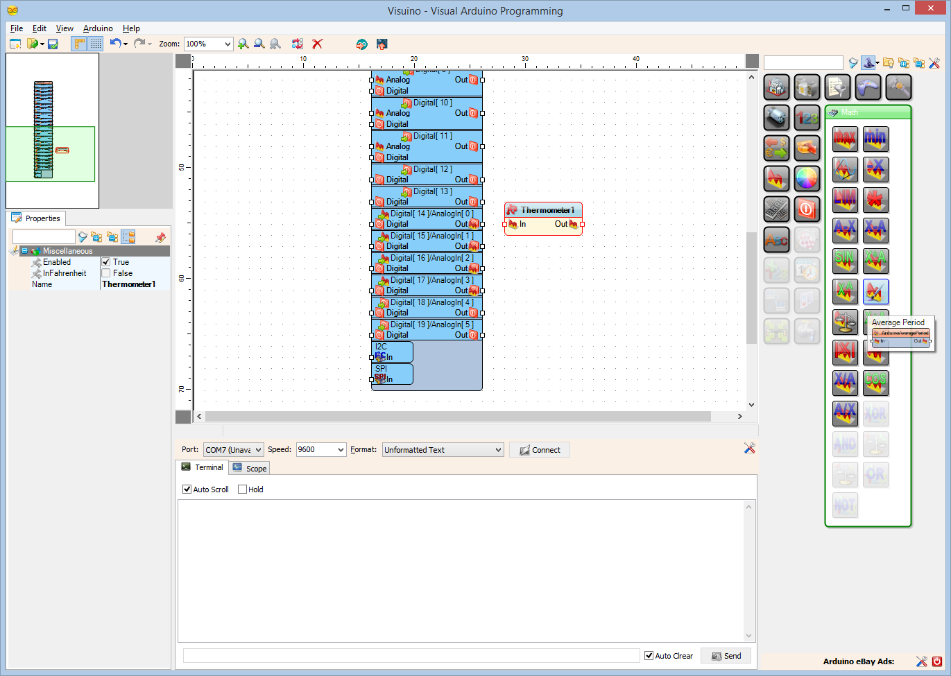 Step 6: Start Visuino, and Add Components to Read the LM35 Thermometer and Reduce the Noise
