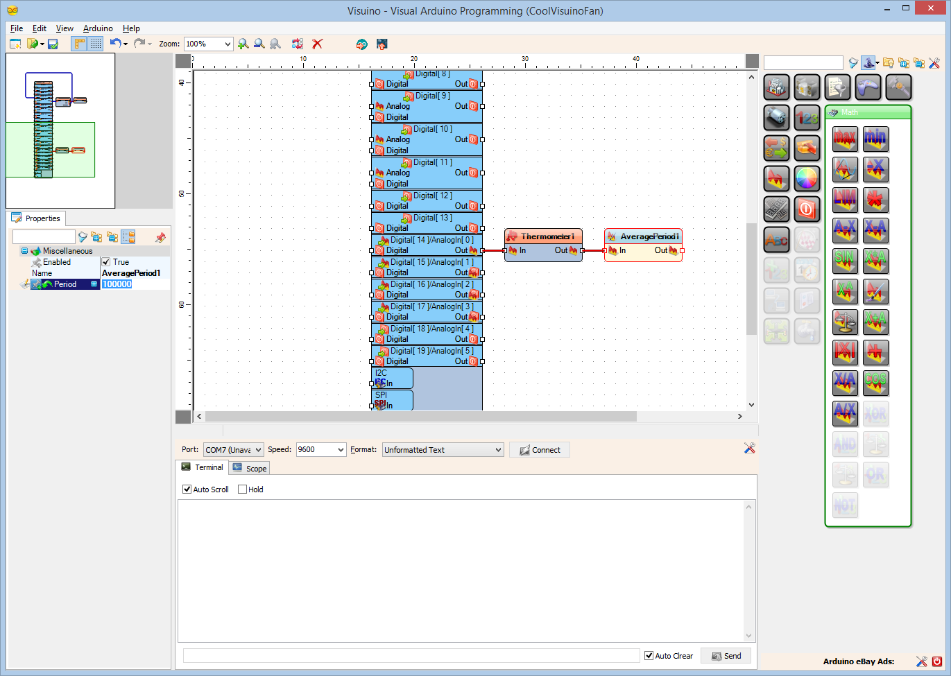 Step 6: Start Visuino, and Add Components to Read the LM35 Thermometer and Reduce the Noise