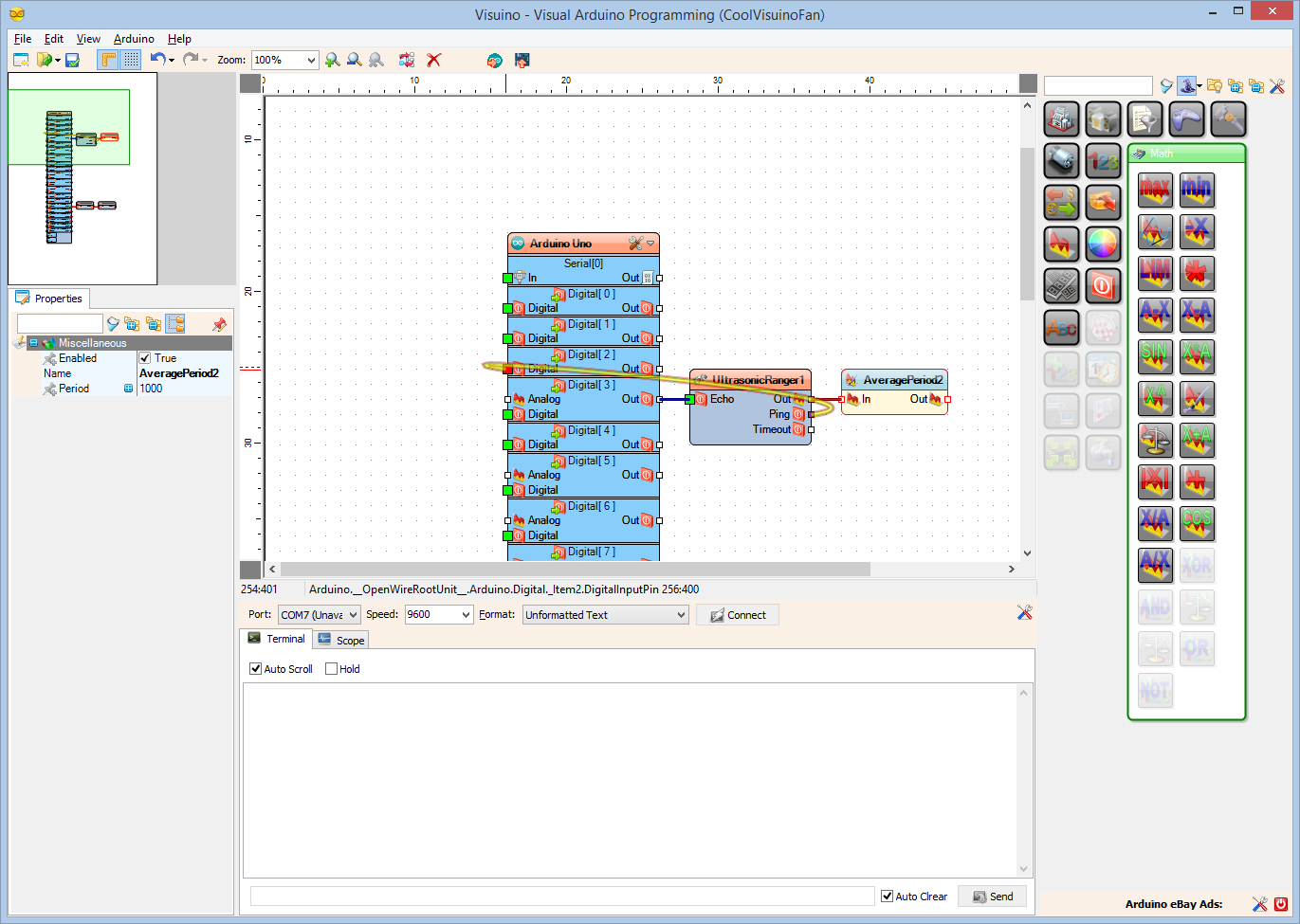 Step 7: In Visuino Add the Components to Read the Ultrasonic Ranger